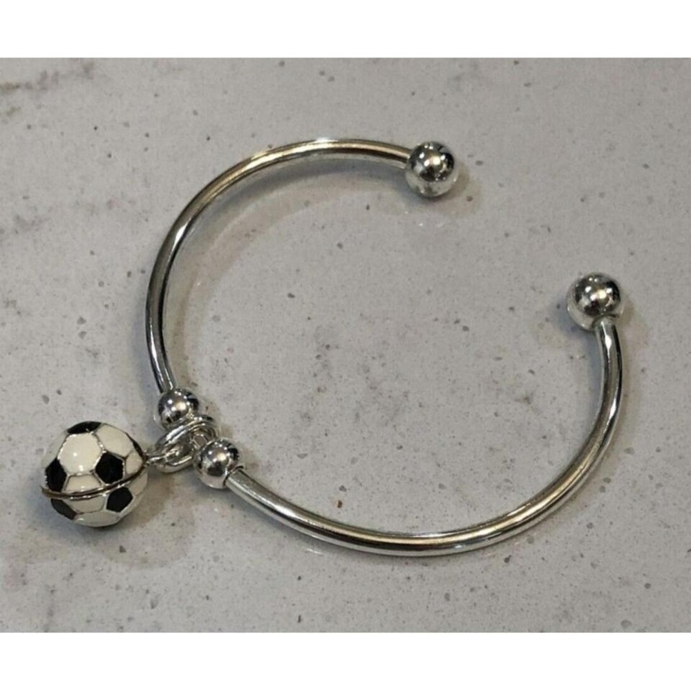 Bracelet Silver Tone Cuff Bangle Soccer Ball Mom Charm Preppy Athletic Stackable